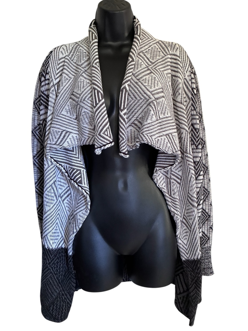 Lucky Boho Draped Open-Front Cardigan Sweater in Black & White Geometric Sz S